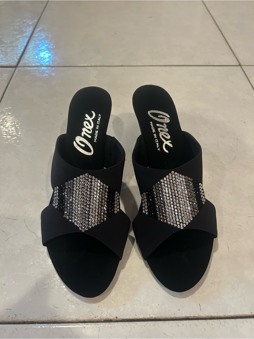 Onex Black Slide Sandals With Silver Rhinestone Medallions